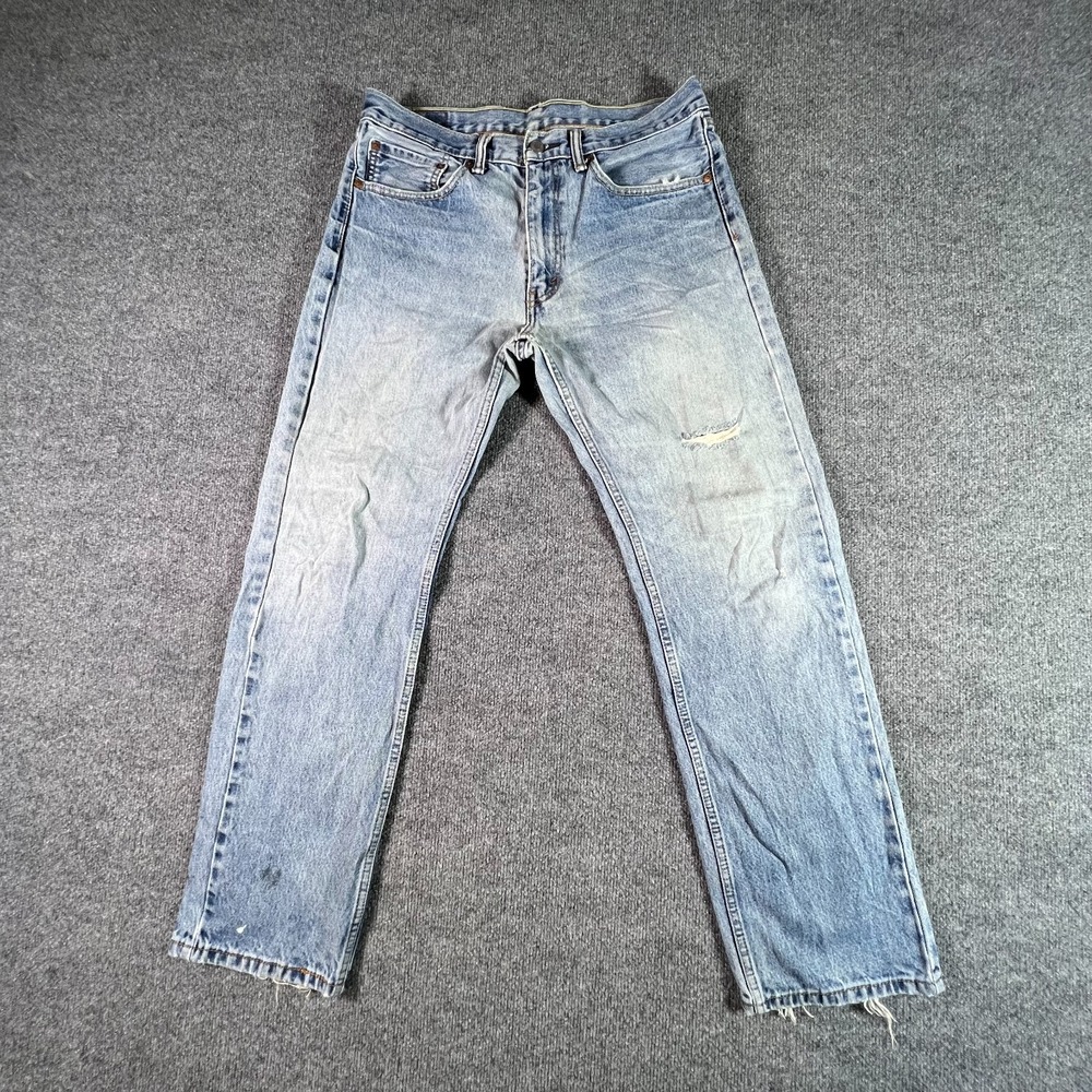 Levi's 505 Jeans Men 34x32 Blue Denim Light Wash Straight Regular Fit Distressed